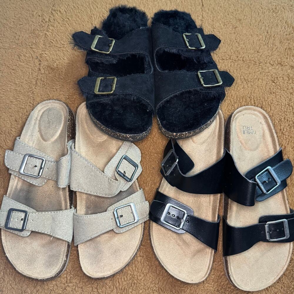 Women’s Sandal & Slipper Bundle Size 9 Time and Tru Faux Fur Slides 3 Pairs